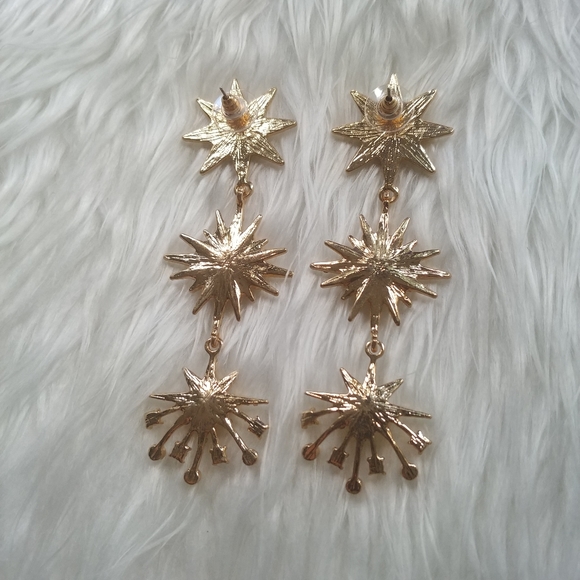 Gold Pearl Crystal Star Burst 3 Tier Drop Earrings - Picture 4 of 11